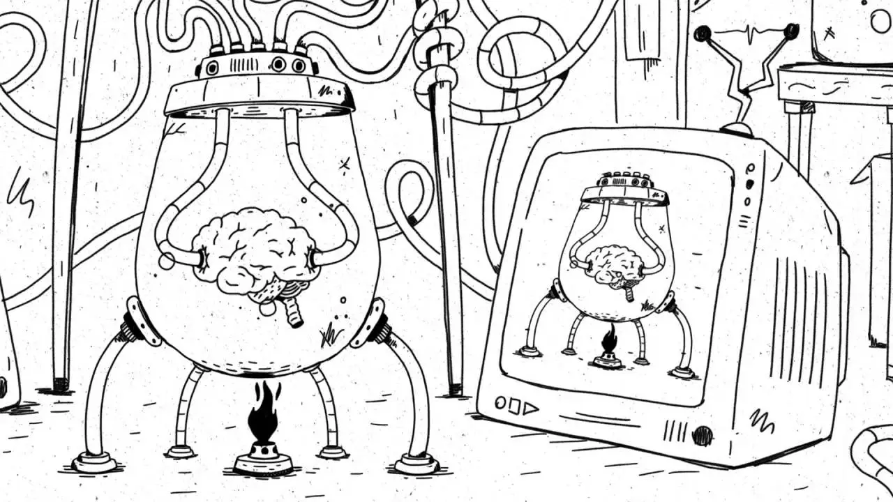 A depiction of a brain in a jar, supended in clear liquid. It is facing a computer monitor that shows a brain in a vat.