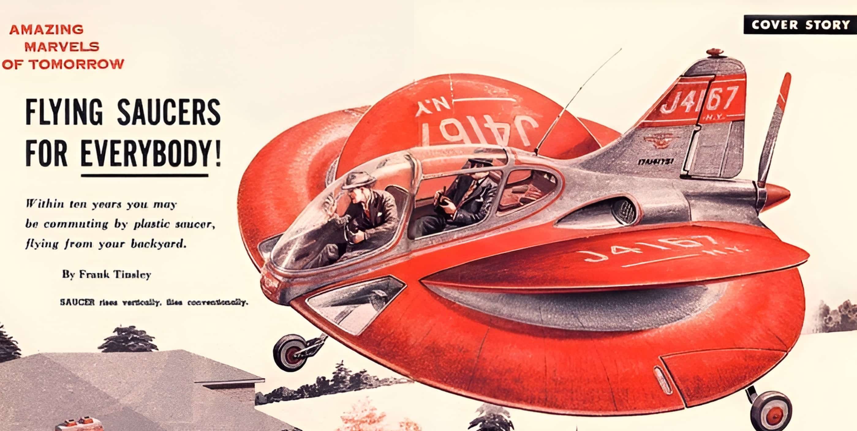 A 50's drawing of a red flying saucer with the caption: "flying saucers for everybody!"